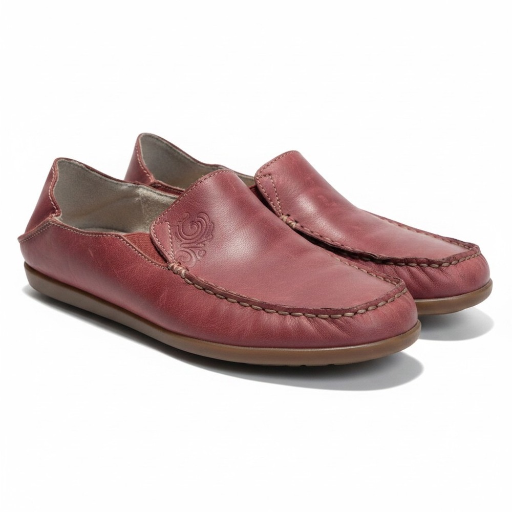 OluKai Pehuea Li Leather Loafers Sangria Red Etched Slip On Shoes Womens